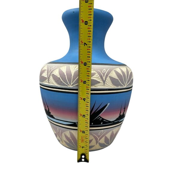 Navajo Native American Pottery Vase Blue Sunset Silhouette Design Signed 8 Inch - Picture 6 of 11